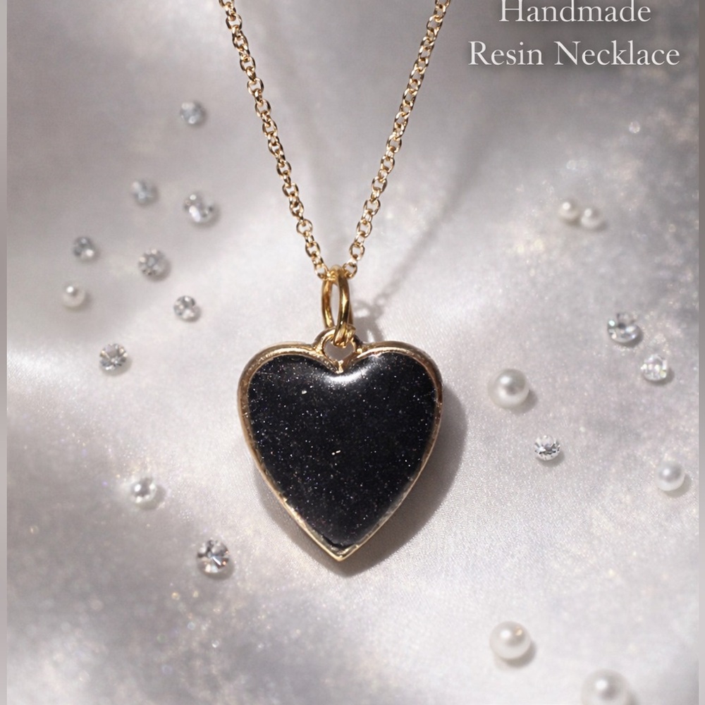 Handmade Resin Heart Necklace Black Sparkle Pendant Gold Chain Gift